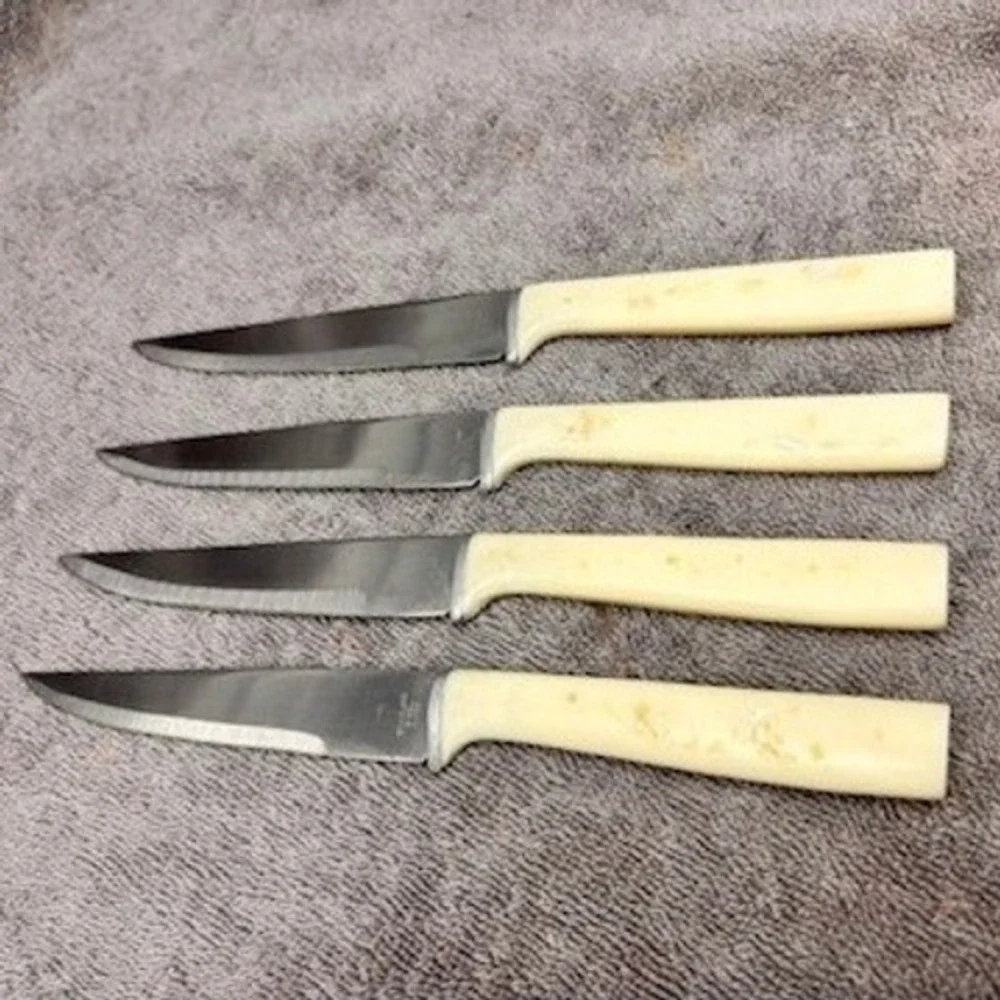 Vintage Steak Knife Set 4pc Japan Cream Shell Inlay Stainless Steel MCM GOOD